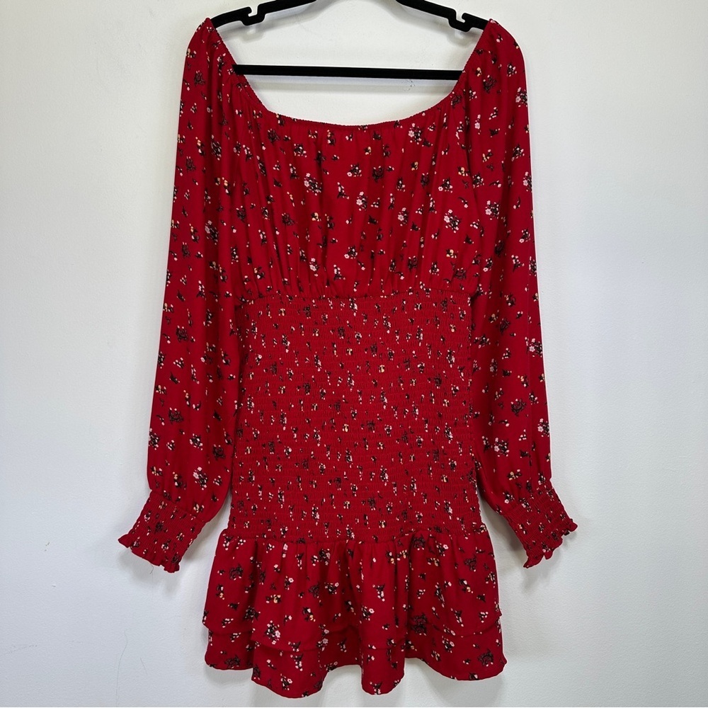 Guess Red Floral Off Shoulder Smocked Mini Dress Long Sleeve M